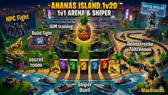 🍍Ananas Island 1v20 1v1 Arena & Sniper — Fortnite Creative map