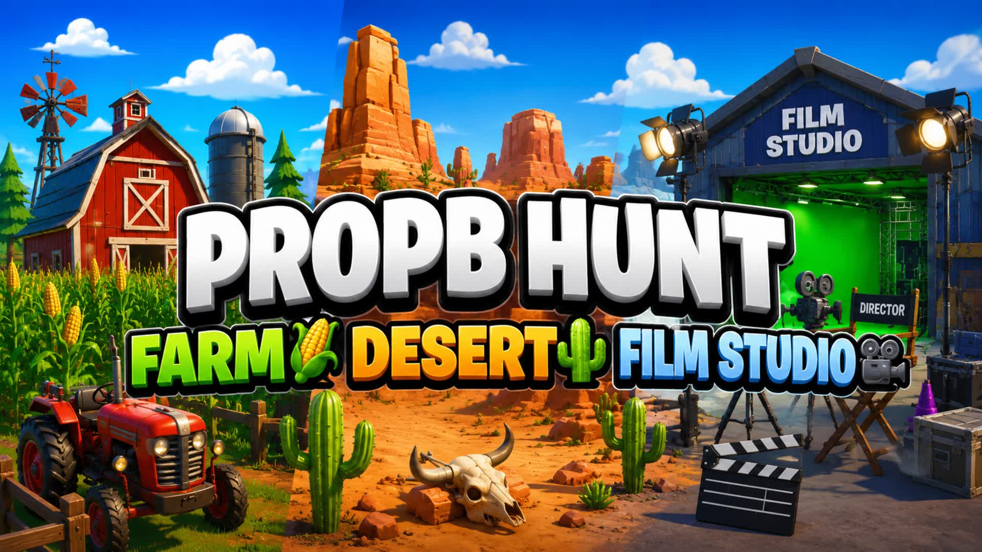 PROB HUNT🌽FARM🏜️DESERT🎬FILM STUDIO — Fortnite Creative map
