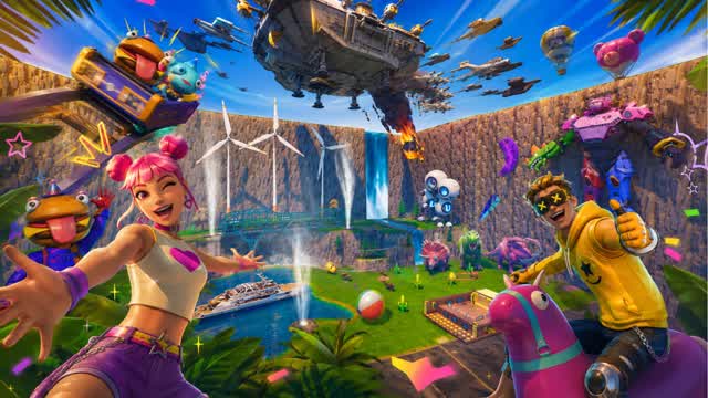 race, high ramp, vehicles and weapons — Fortnite Creative map