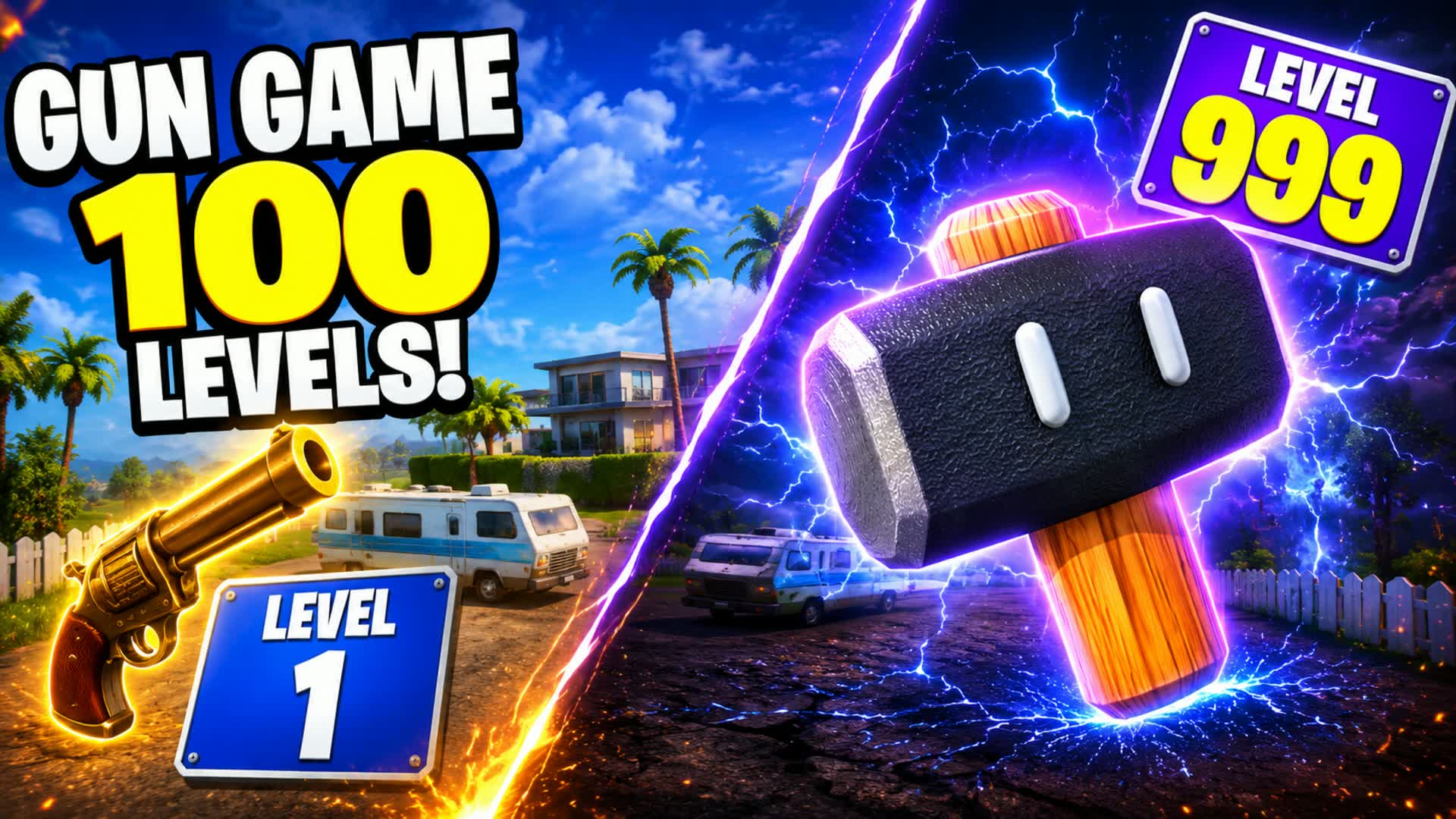 LEVEL 1 TO 999 HAMMER GUN GAME 🎯 — Fortnite Creative map