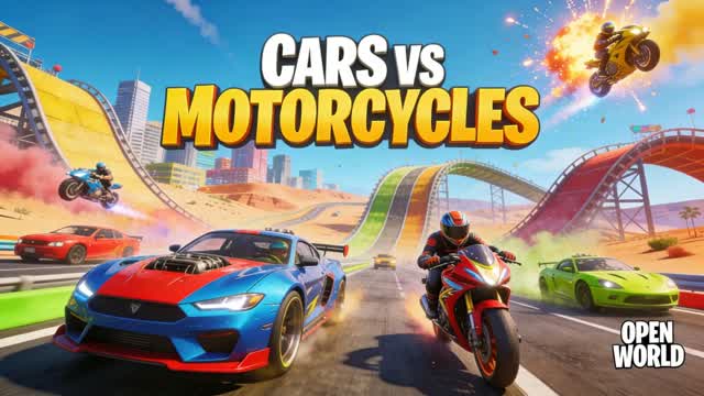 CARS VS MOTORCYCLES OPEN WORLD — Fortnite Creative map cover art