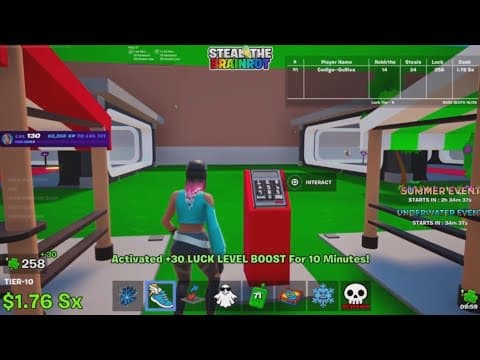 SECOND CODE ADMIN ABUSE AUGUST 2026 STEAL THE BRAINROT FORTNITE LUCK LEVEL BOOST CODE STEAL A BRAIN