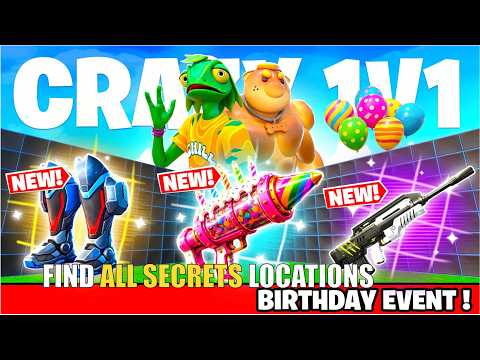 CRAZY 1V1 FFA ALL GUNS & RIDES MAP FORTNITE (BIRTHDAY BLASTER) - ALL SECRETS LOCATIONS (PART 72)