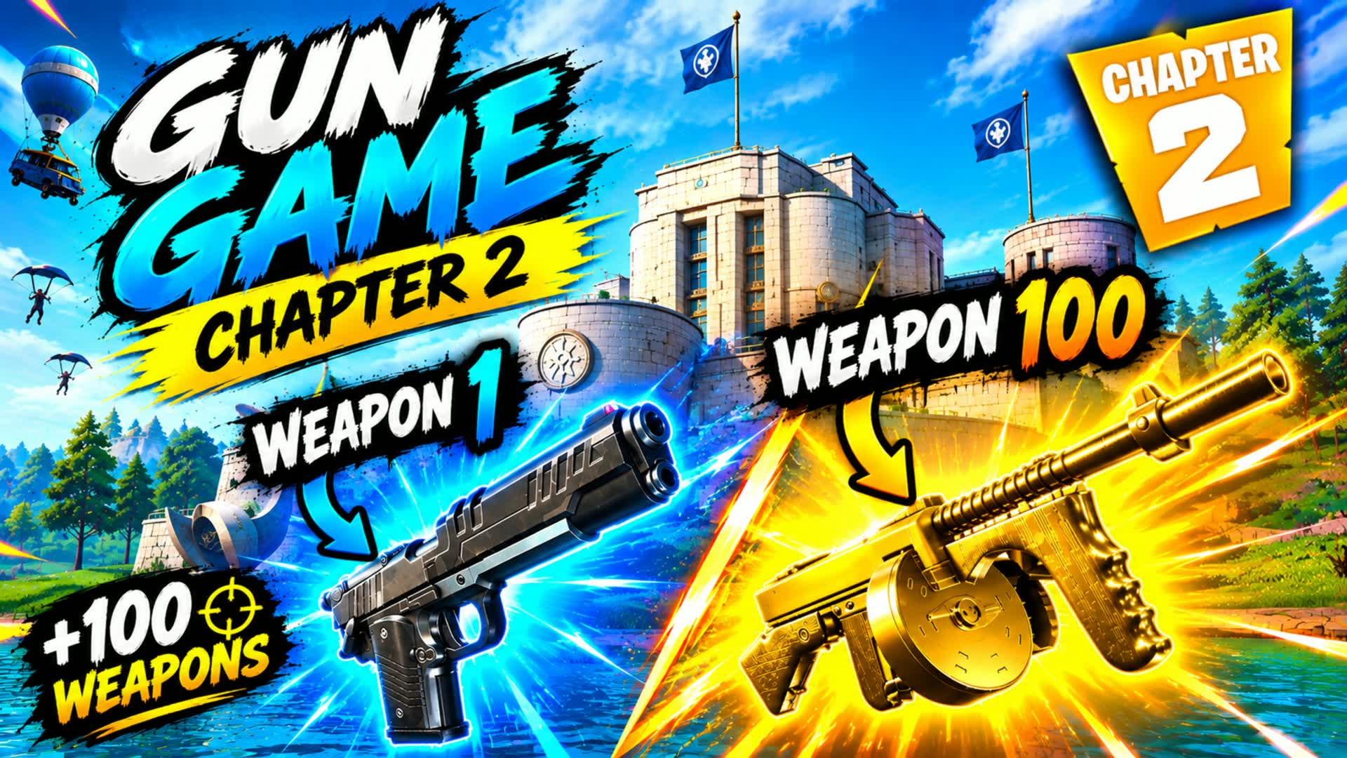 🔫 GUN GAME CHAPTRE 2 🏙️🔥 +100 ARMES — Fortnite Creative map
